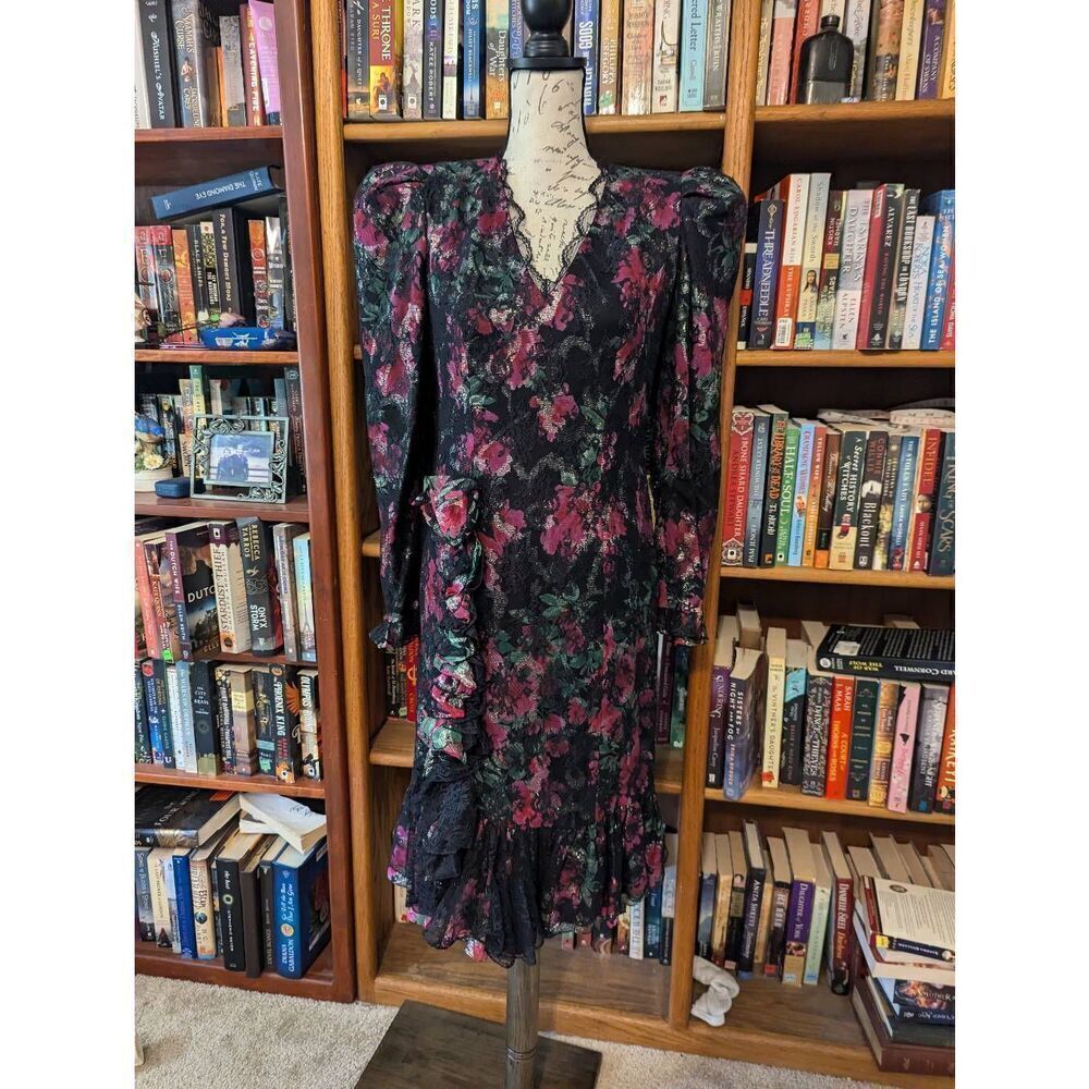 Vintage Judy Hornby Couture Women's Size m Black Pink Floral Lace Dress